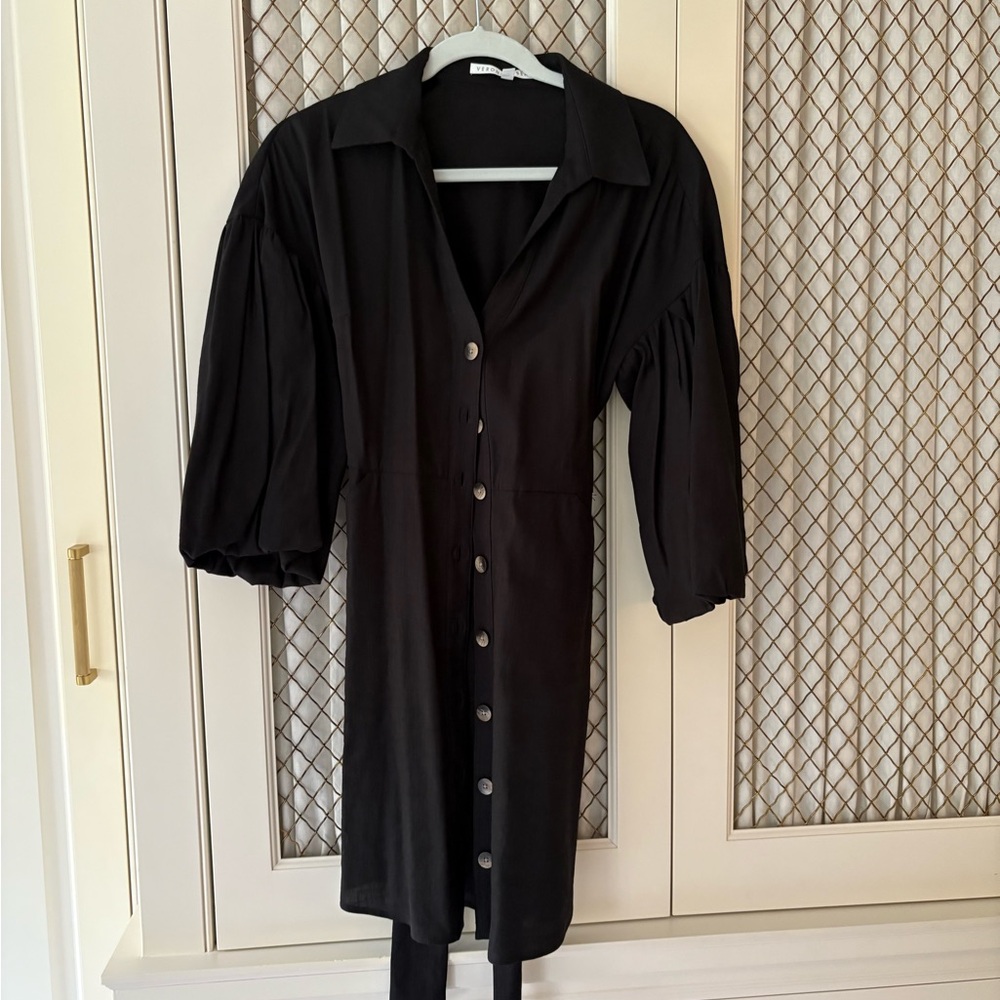 Veronica Beard. Linen Black Button-Up Dress